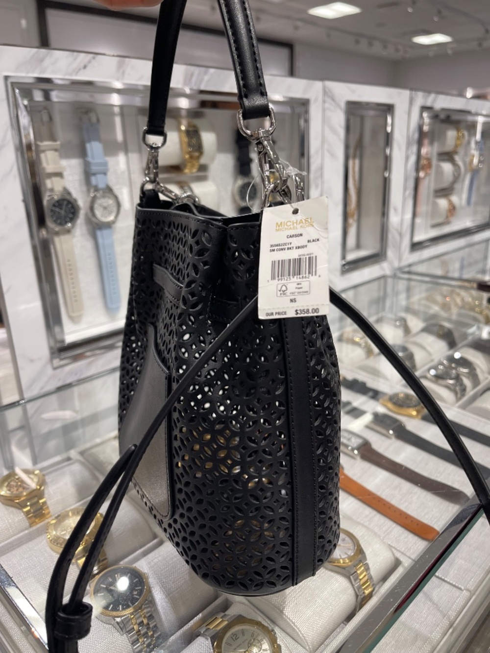 Carson Small Floral Laser Cut Bucket Crossbody Bag Black - Picture 12 of 13